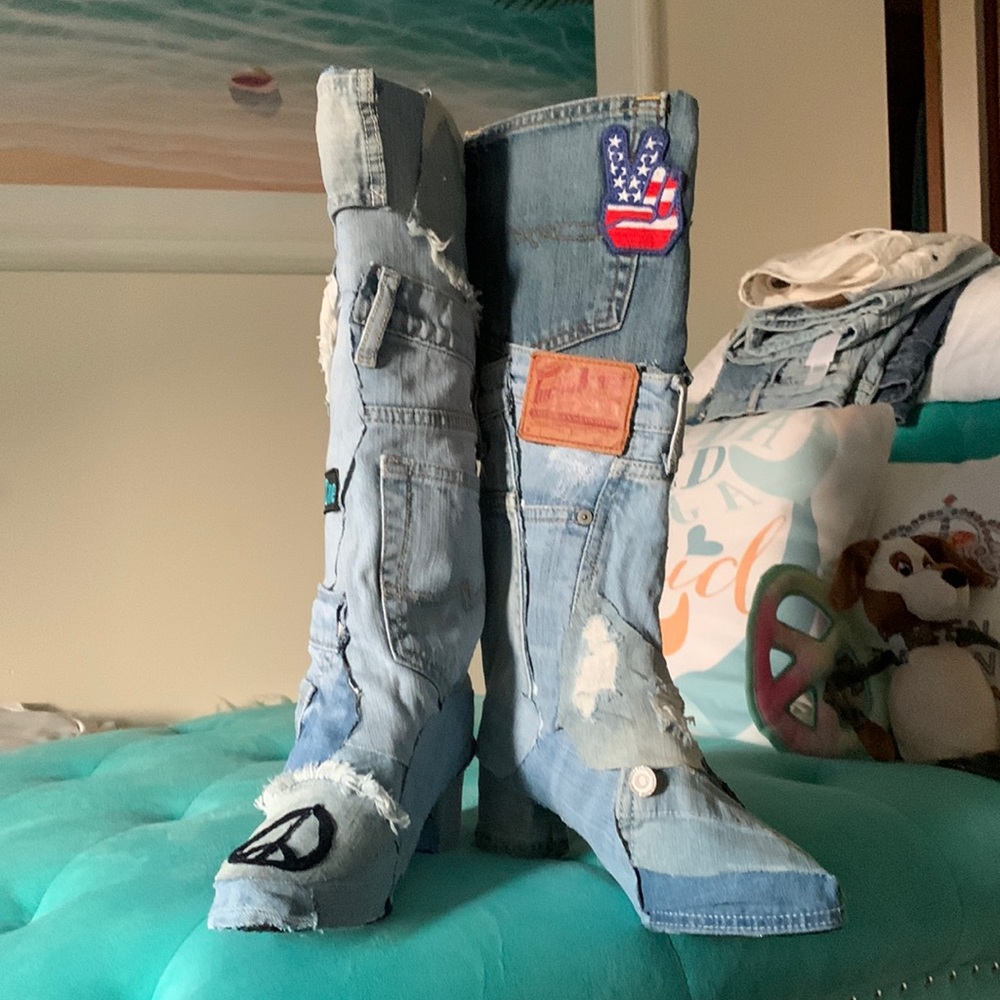 🫶🏻💙 Patchwork Lucky Denim Boots 🫶🏻💙 Handmade by Me 🫶🏻💙 Lucky Jeans